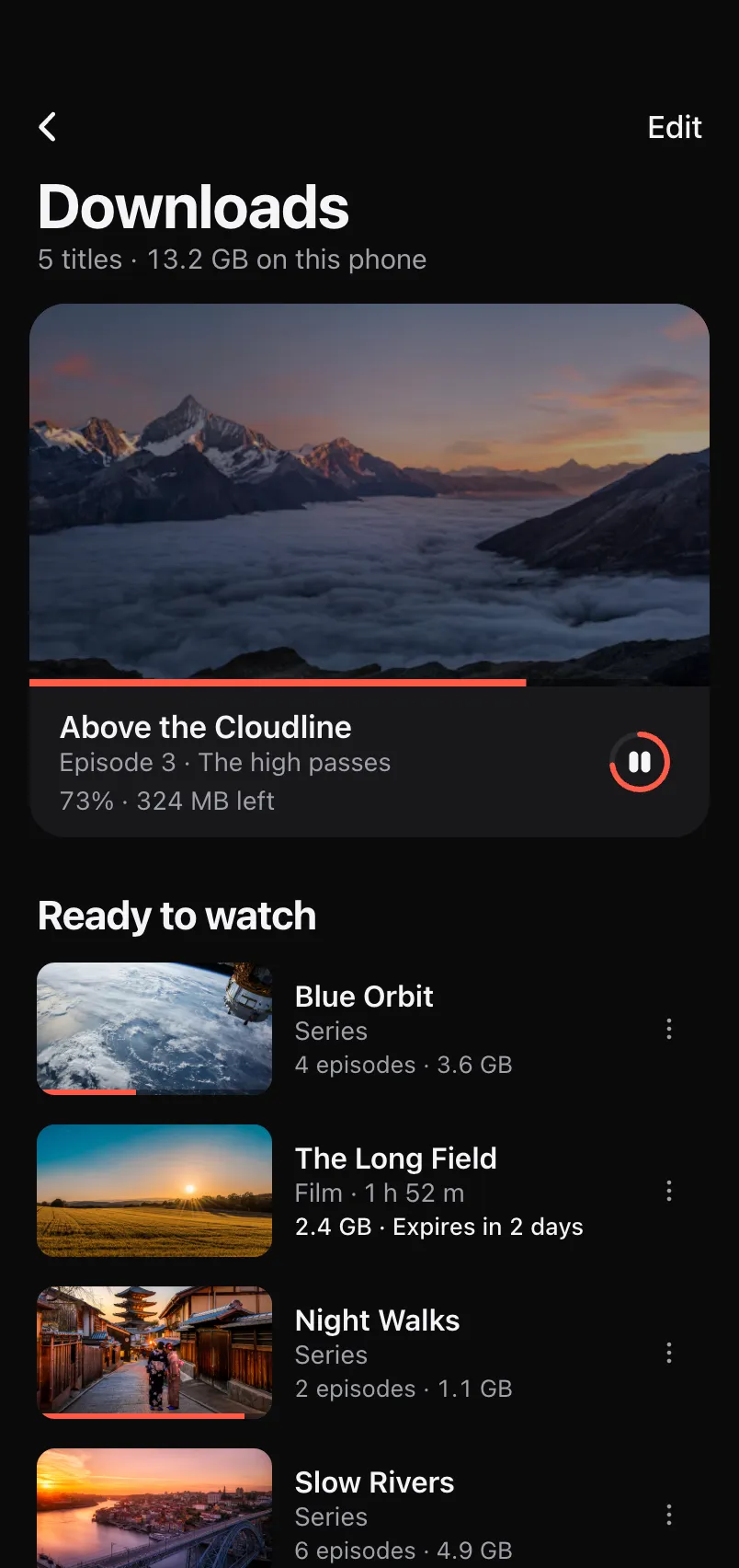 Downloads screen