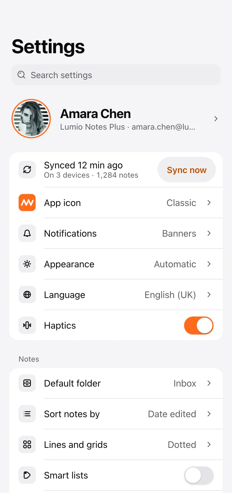 Settings screen