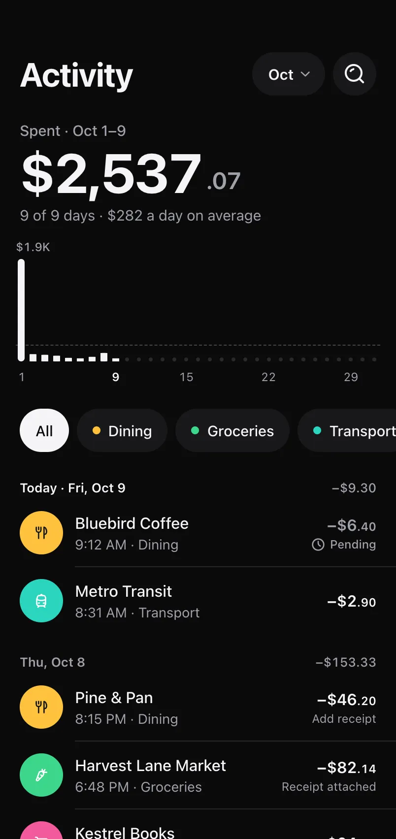 Transactions screen